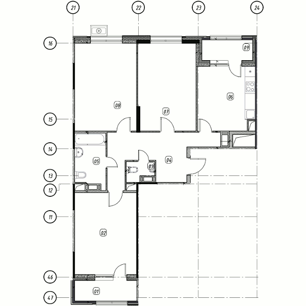 Планировка 3-комнатная, 89.60