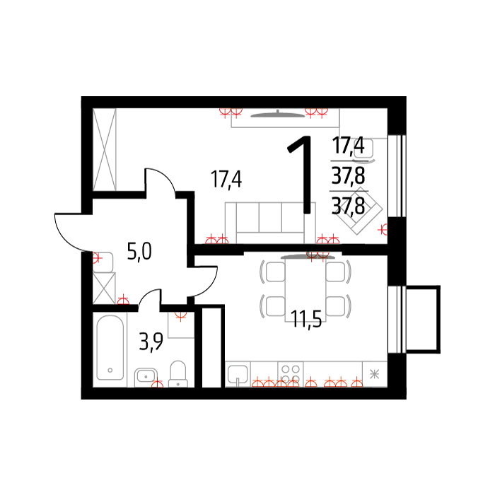 Планировка 1-комнатная, 37.8