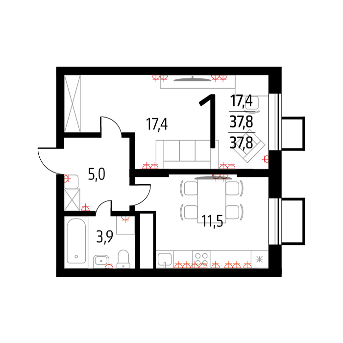 Планировка 1-комнатная, 37.8