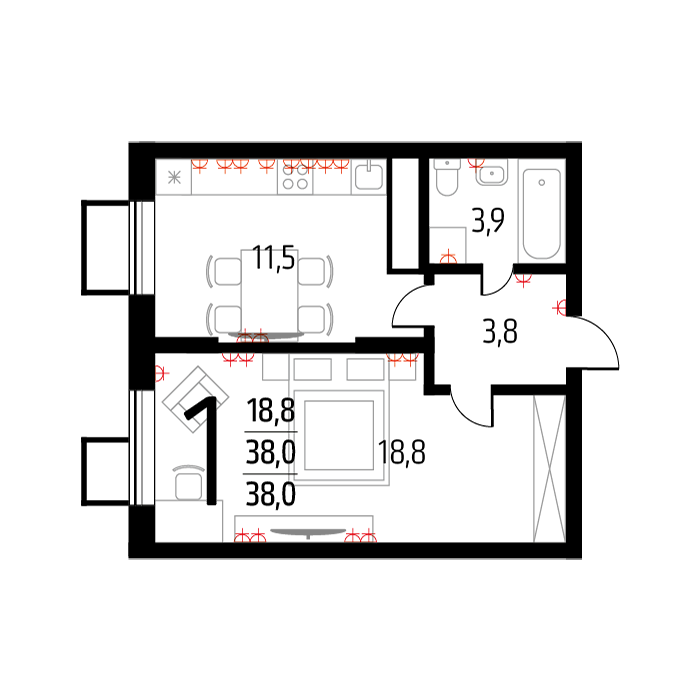 Планировка 1-комнатная, 38