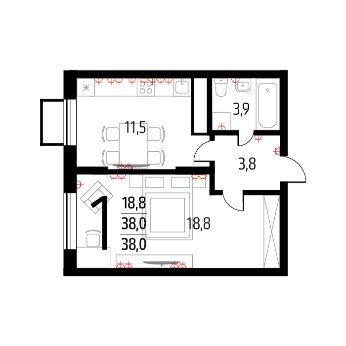 Планировка 1-комнатная, 38