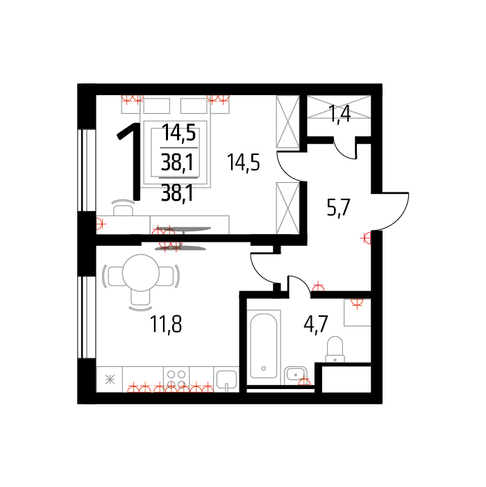 Планировка 1-комнатная, 38.1