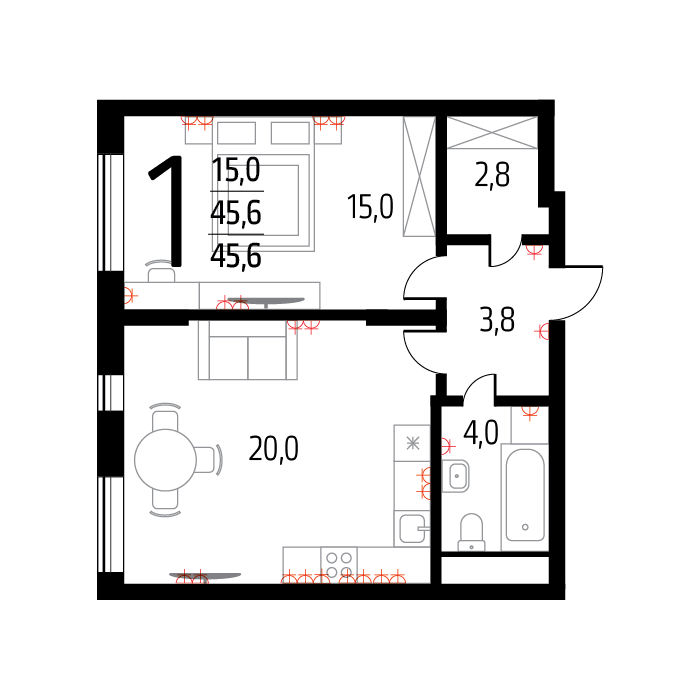 Планировка 1-комнатная, 45.6
