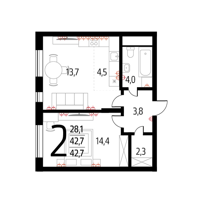 Планировка 2-комнатная, 42.7