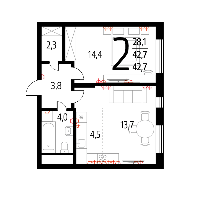 Планировка 2-комнатная, 42.7