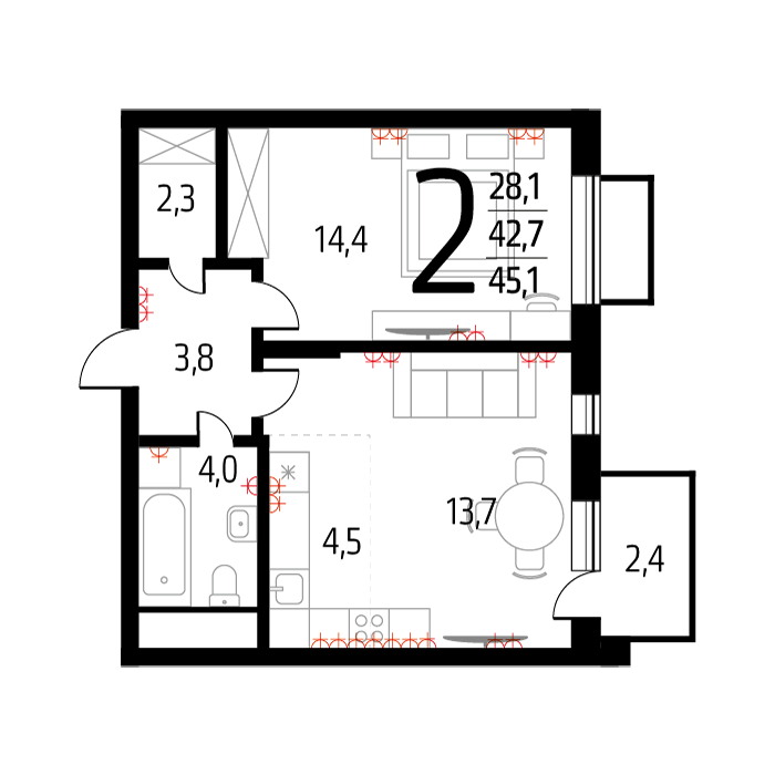 Планировка 2-комнатная, 43.4