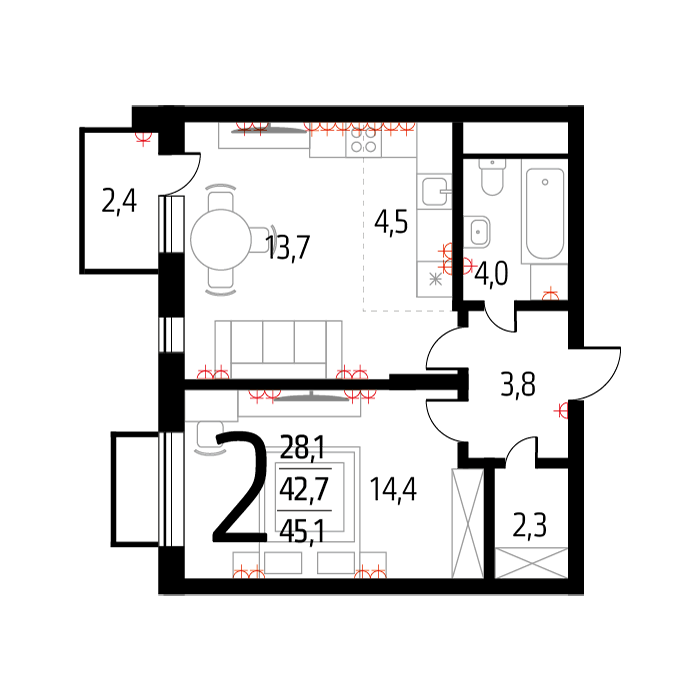 Планировка 2-комнатная, 43.4