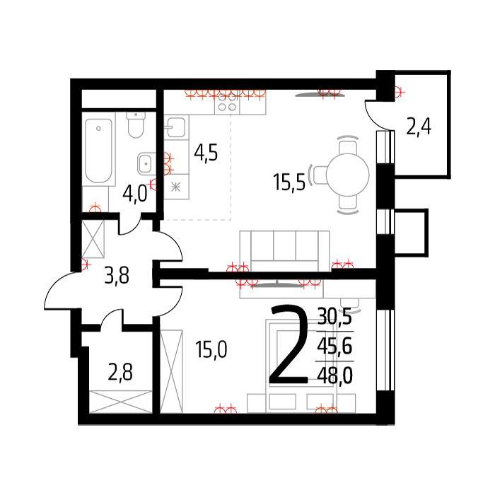 Планировка 2-комнатная, 46.3