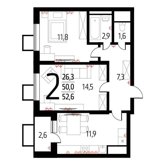 Планировка 2-комнатная, 51.3