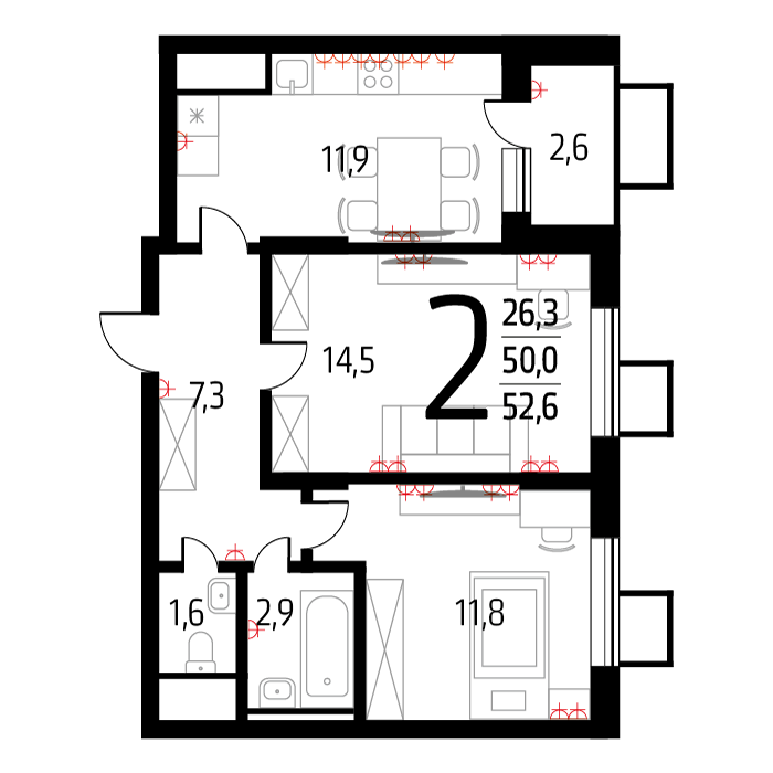 Планировка 2-комнатная, 51.3