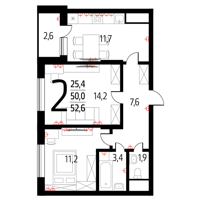 Планировка 2-комнатная, 51.3