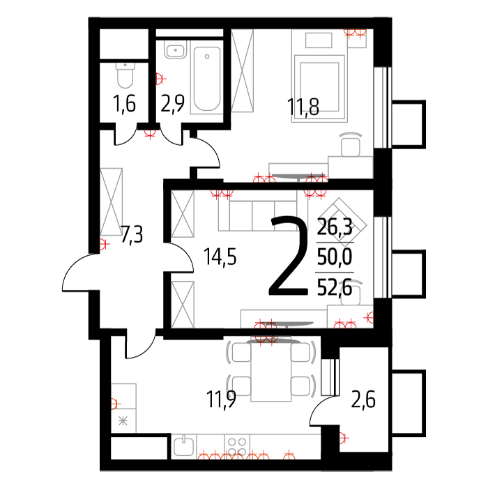 Планировка 2-комнатная, 51.3
