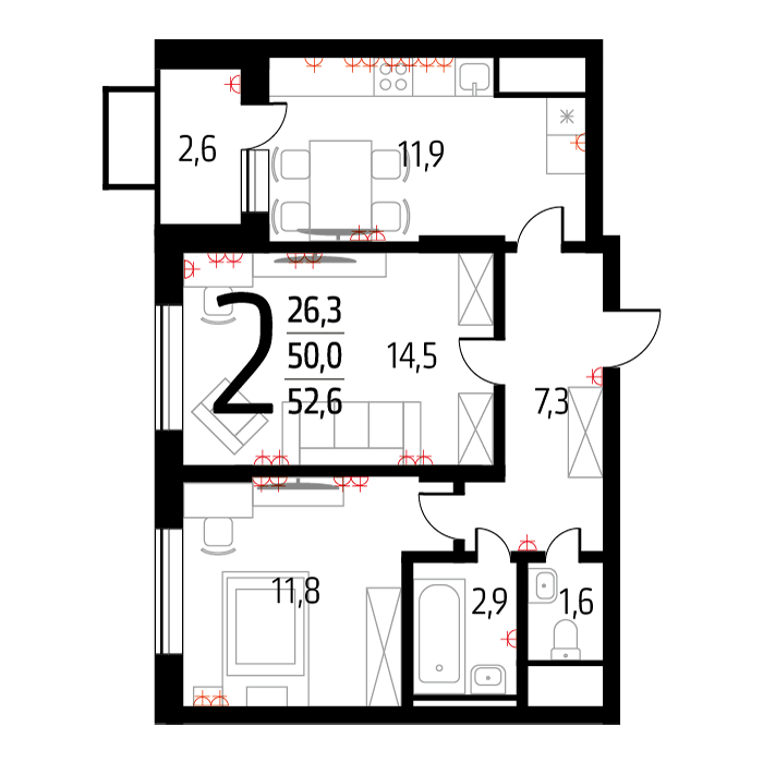 Планировка 2-комнатная, 51.3