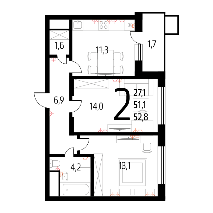 Планировка 2-комнатная, 52.8