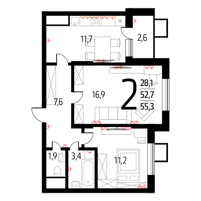Планировка 2-комнатная, 54