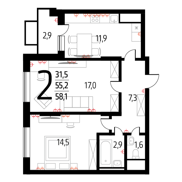 Планировка 2-комнатная, 56.6
