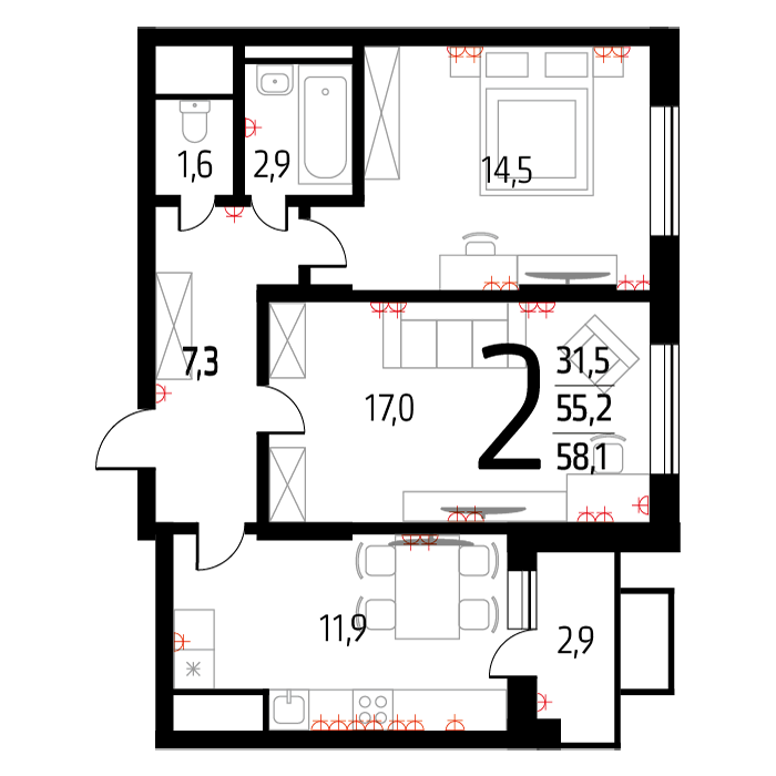 Планировка 2-комнатная, 56.6