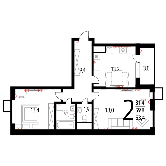 Планировка 2-комнатная, 61.6