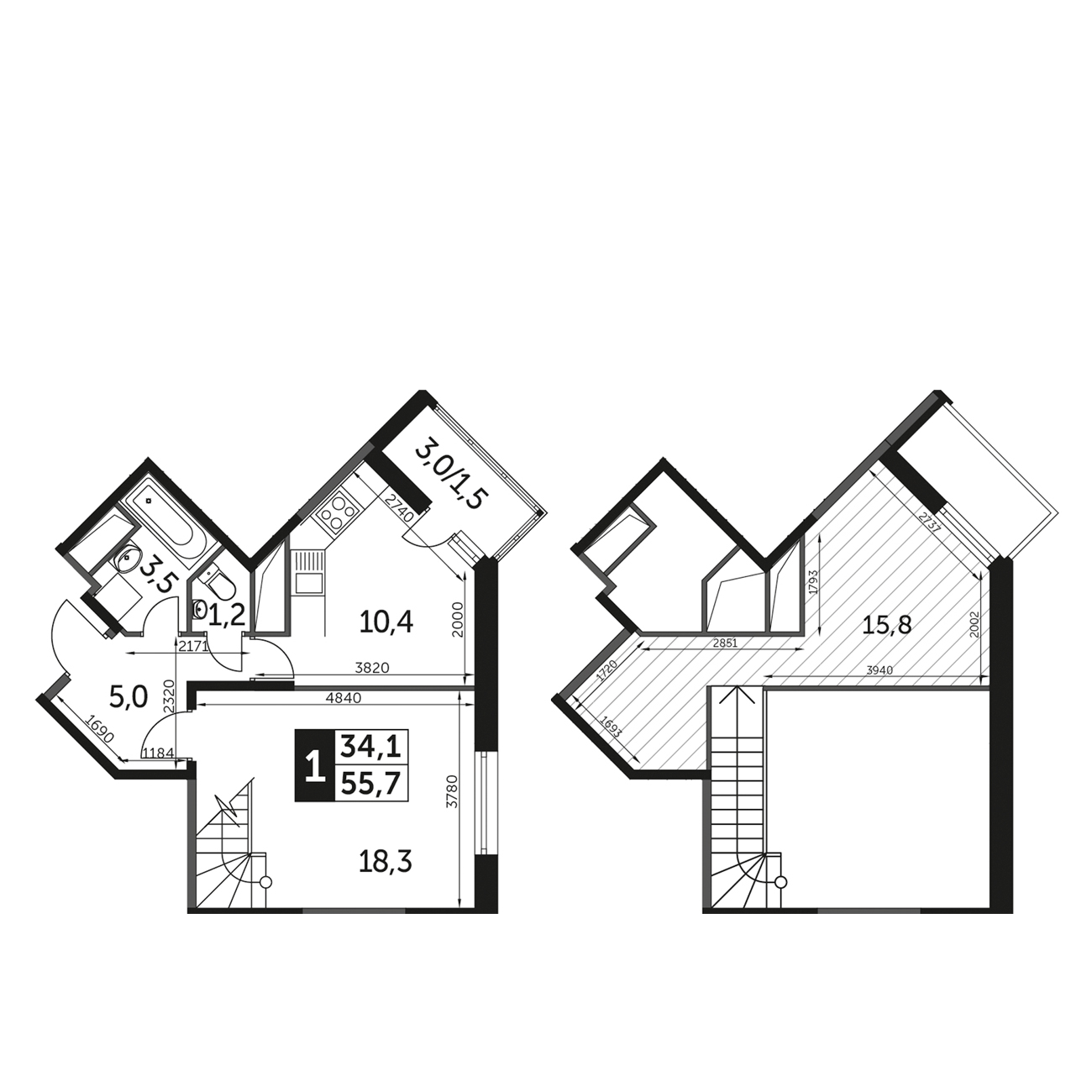 Планировка 1-комнатная, 55.7