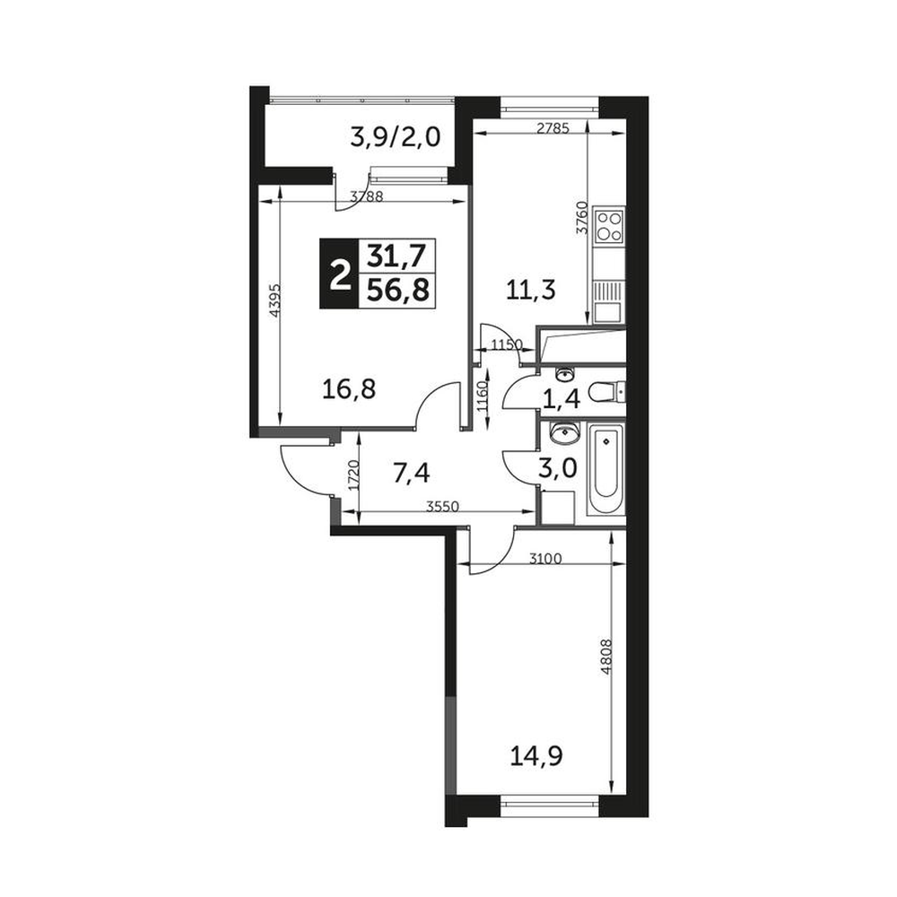 Планировка 2-комнатная, 56.8