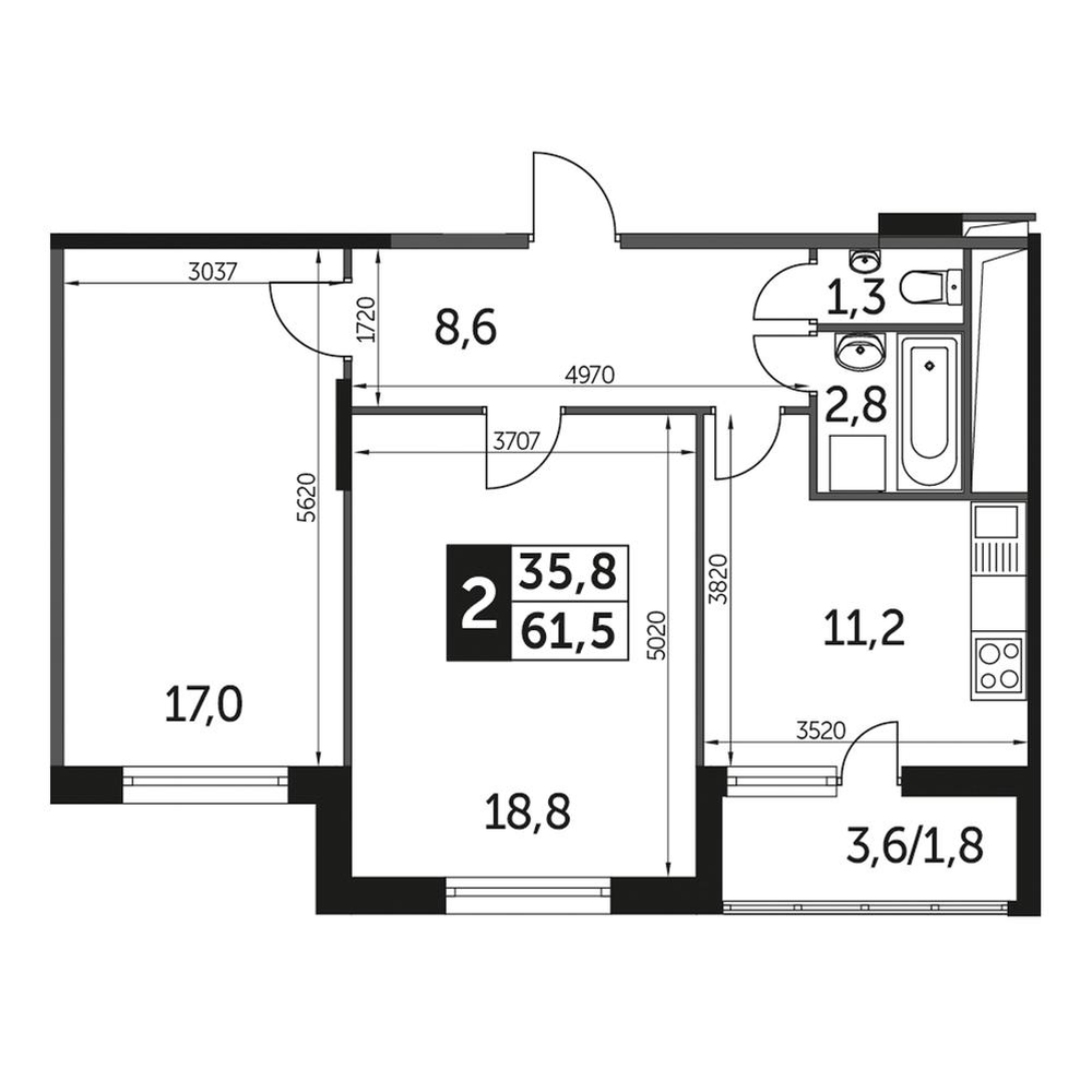 Планировка 2-комнатная, 61.5