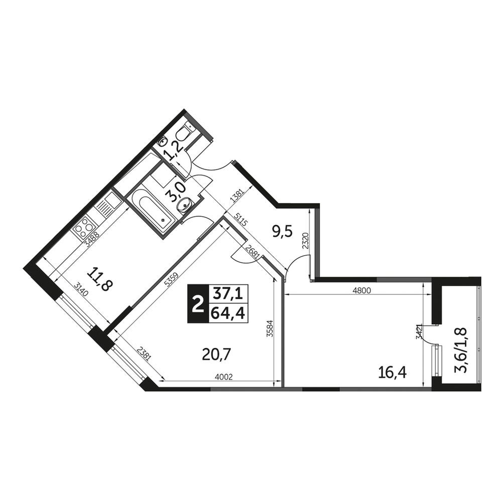Планировка 2-комнатная, 64.4