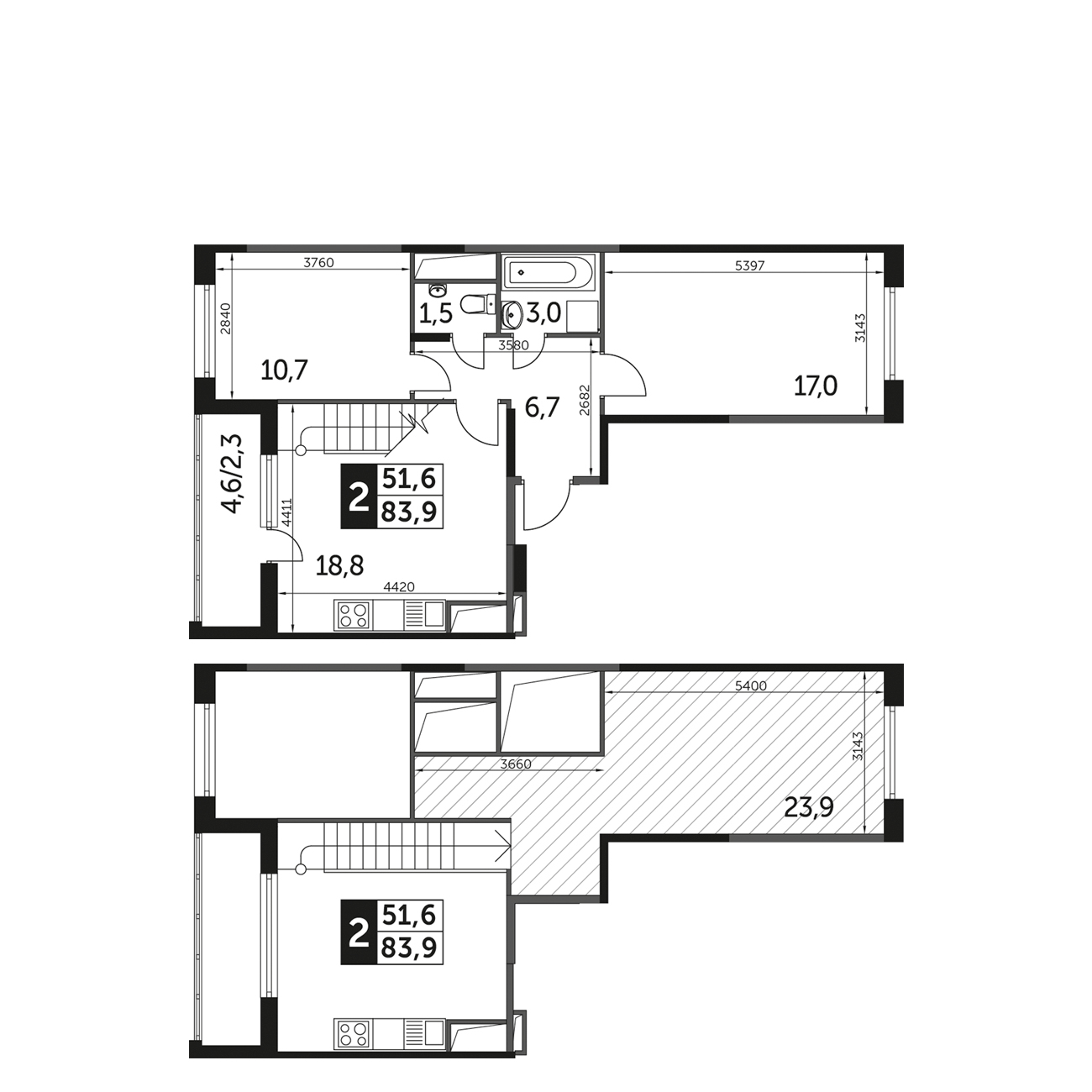 Планировка 2-комнатная, 83.9
