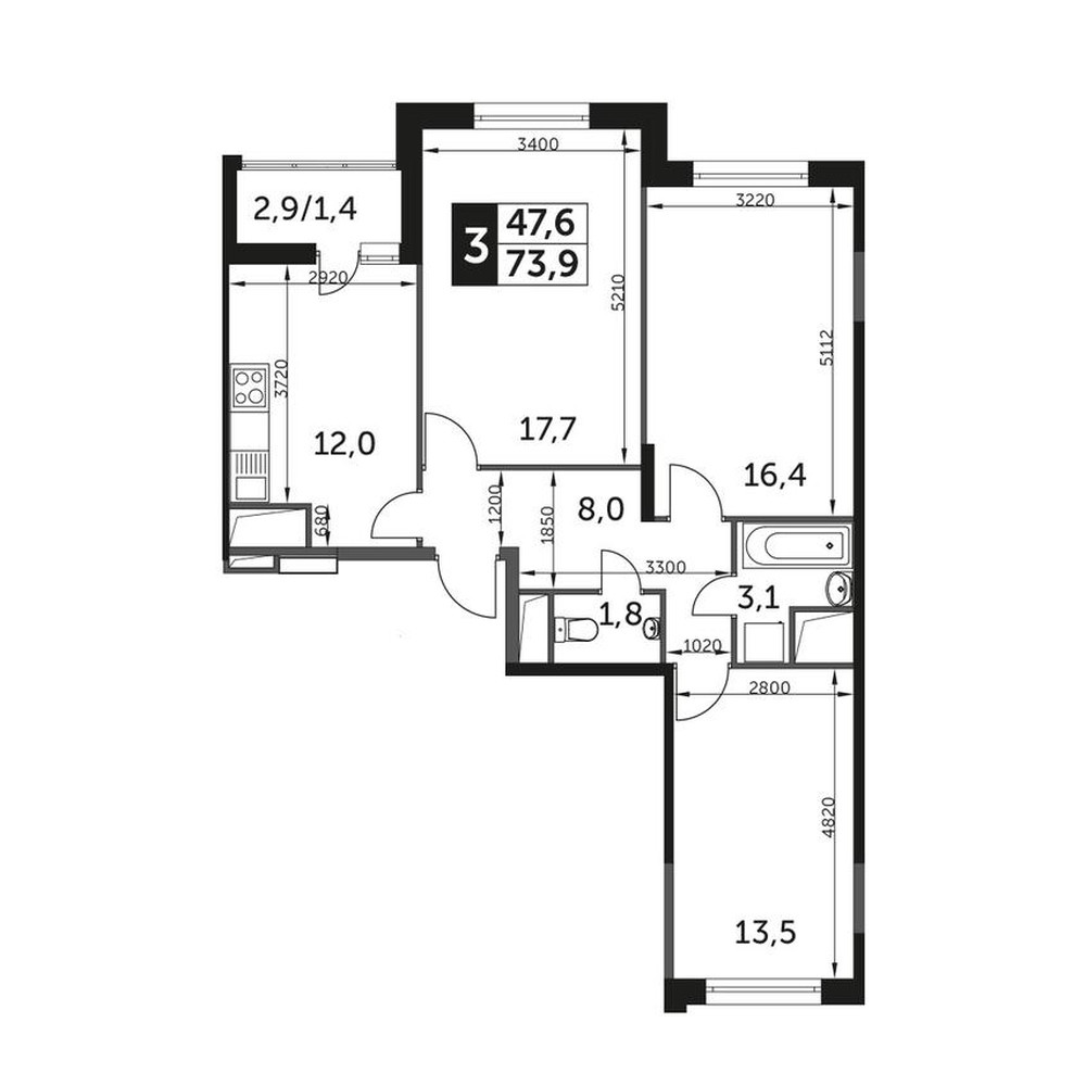 Планировка 3-комнатная, 73.9