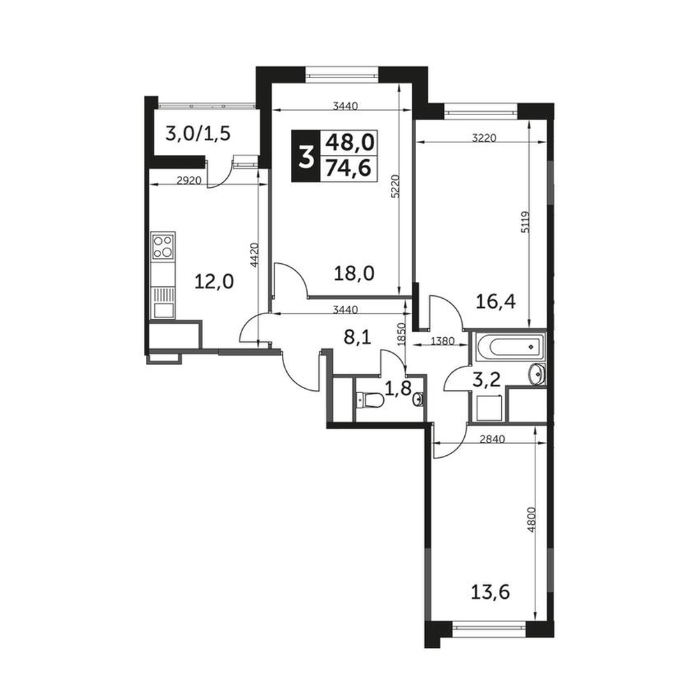 Планировка 3-комнатная, 74.6