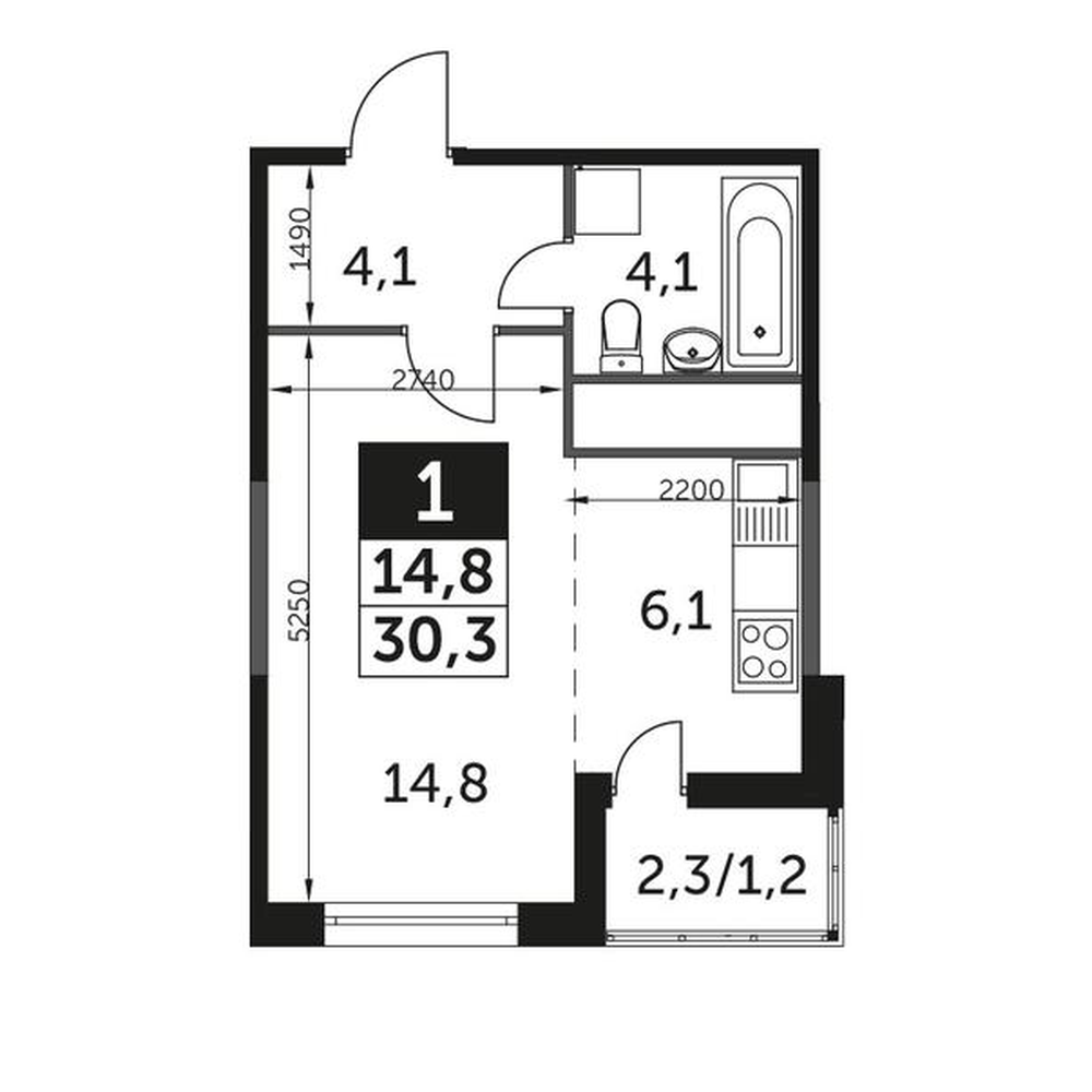 Планировка Студия, 30.3
