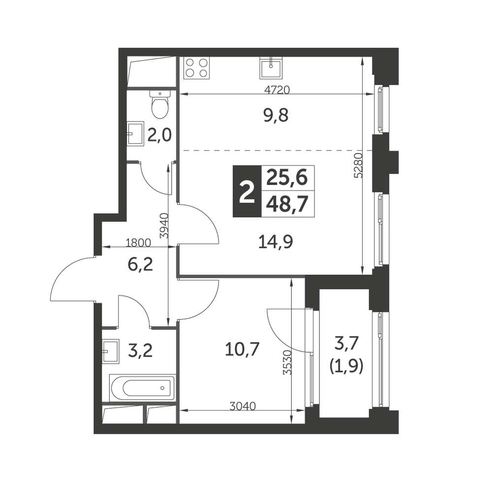 Планировка 2-комнатная, 48.7