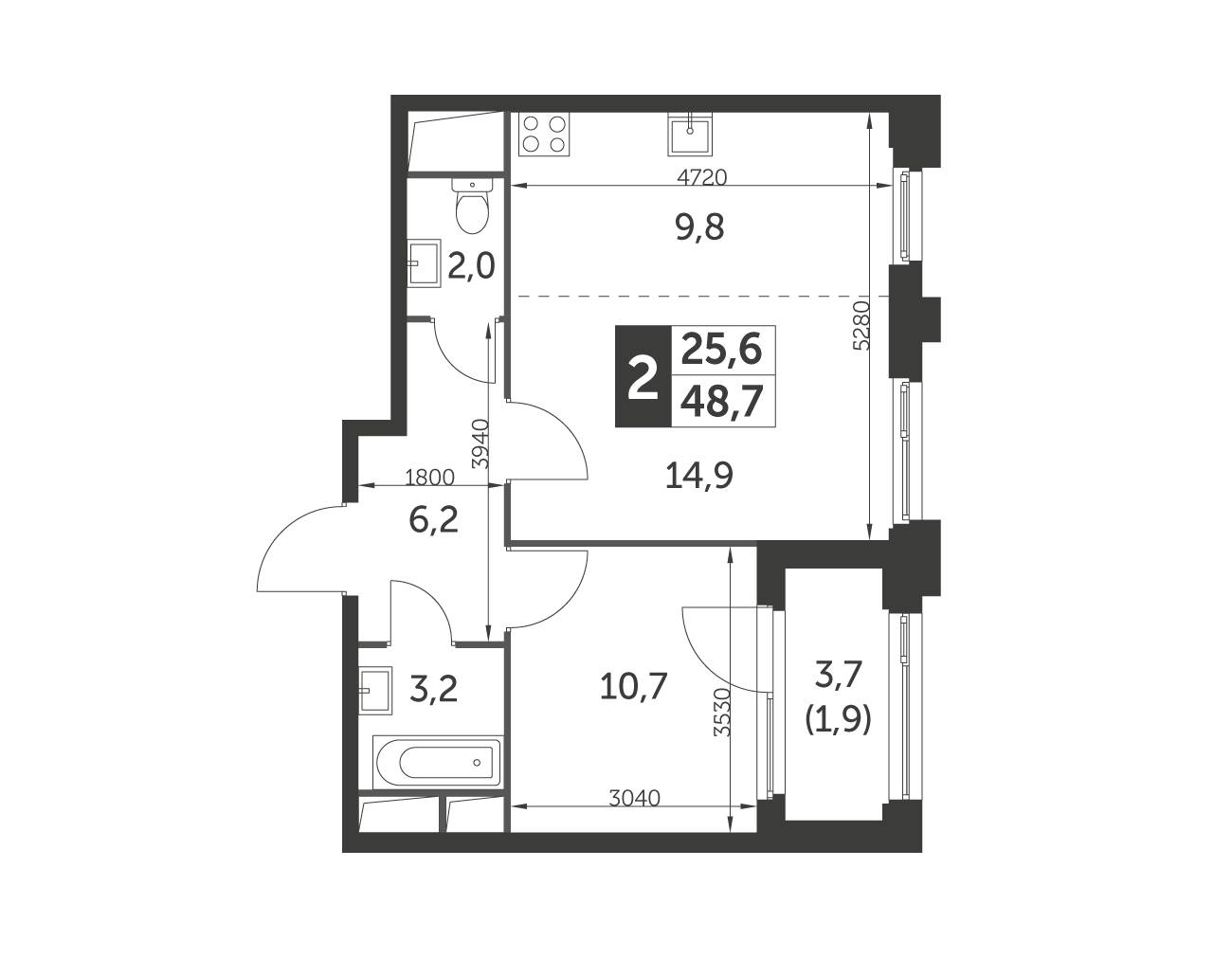 Планировка 2-комнатная, 48.7