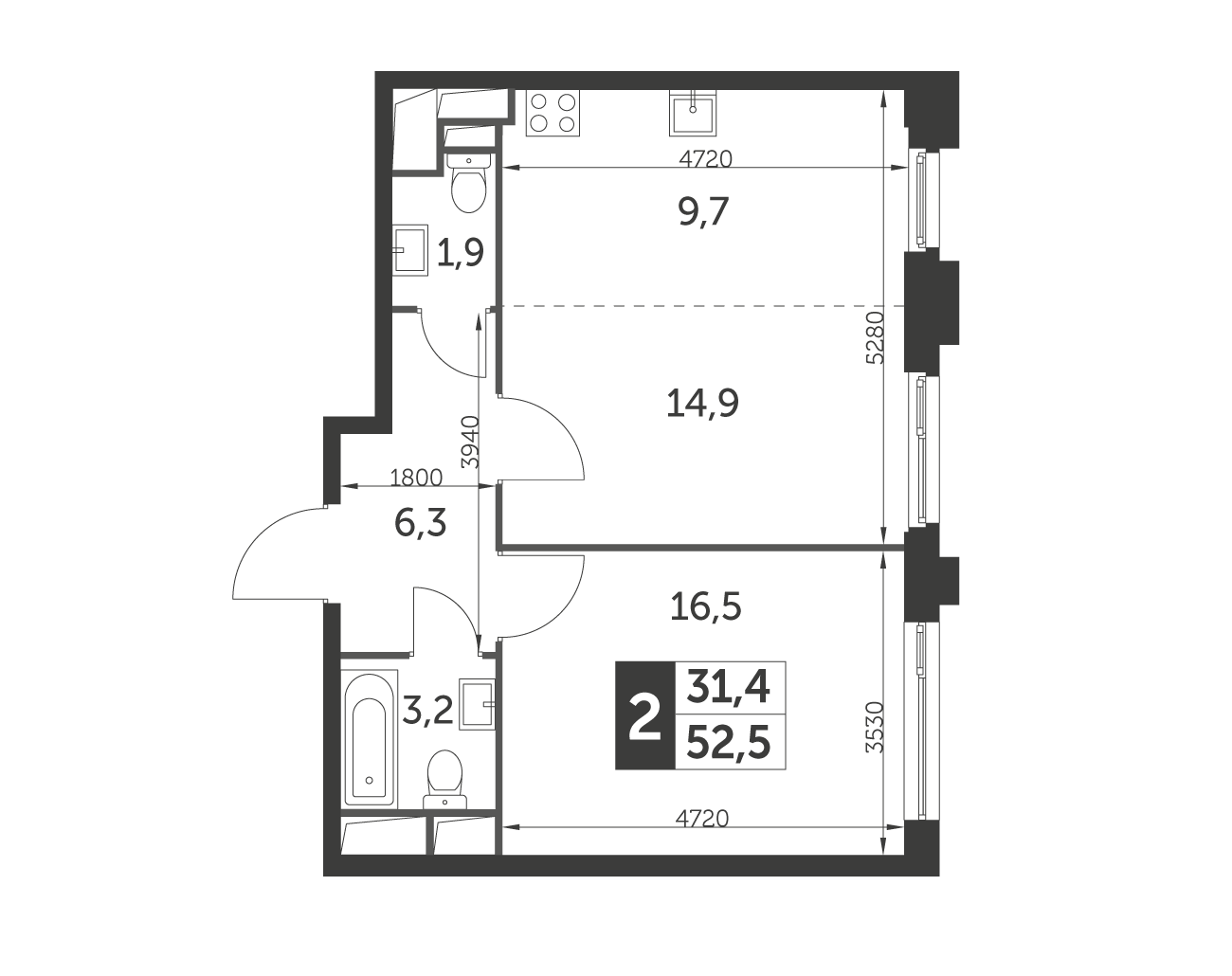 Планировка 2-комнатная, 52.5