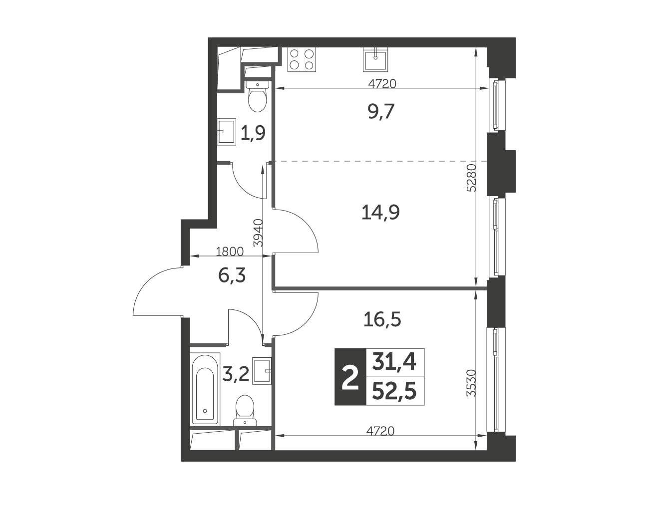 Планировка 2-комнатная, 52.5