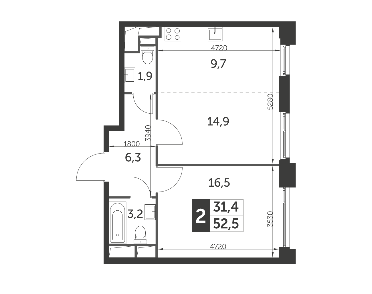 Планировка 2-комнатная, 52.5