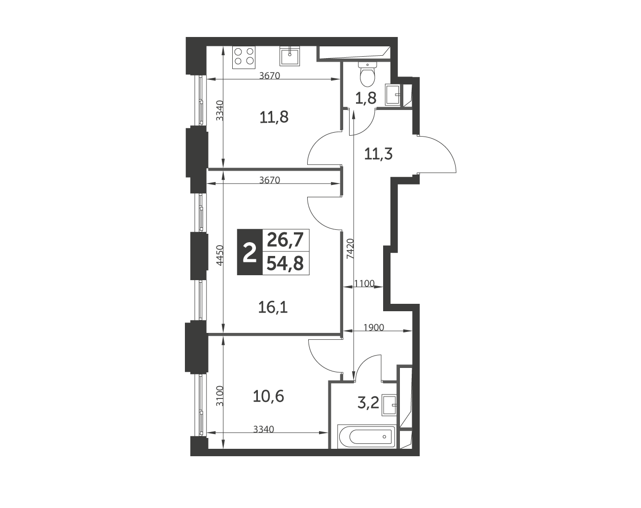 Планировка 2-комнатная, 54.8