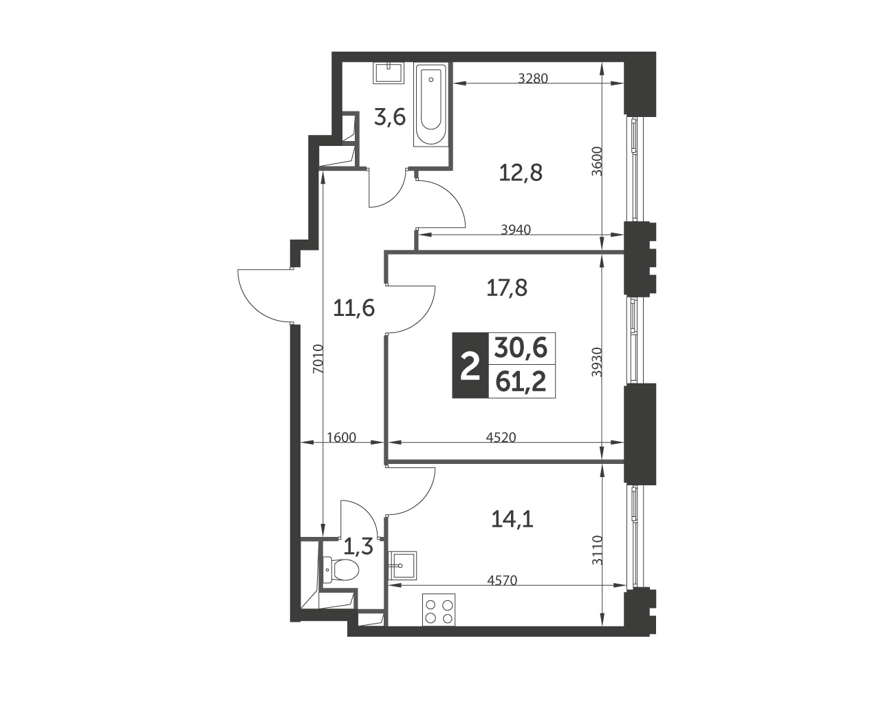 Планировка 2-комнатная, 61.2