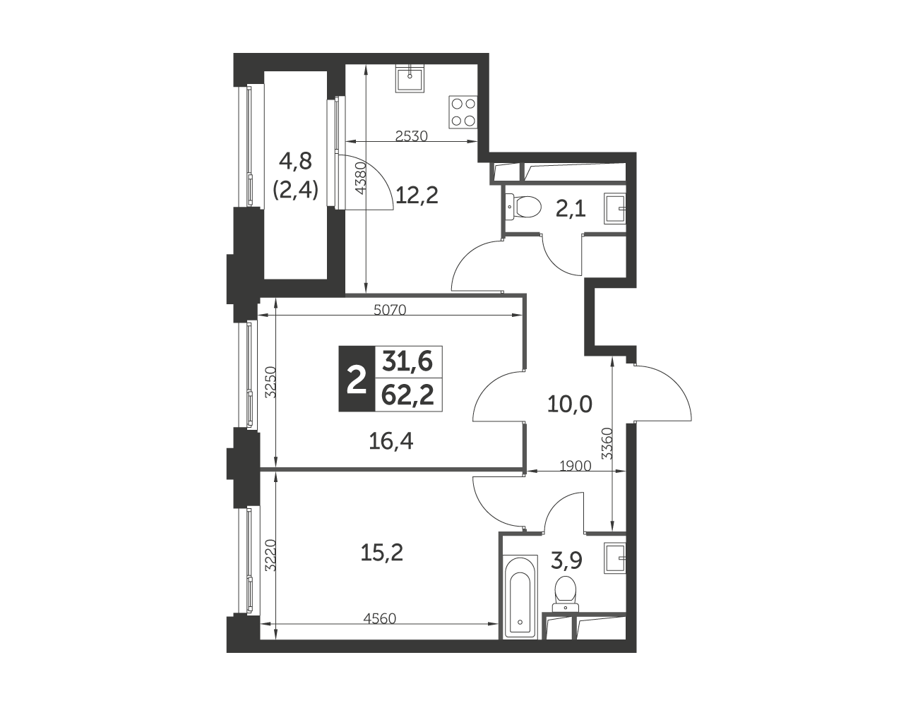 Планировка 2-комнатная, 62.2
