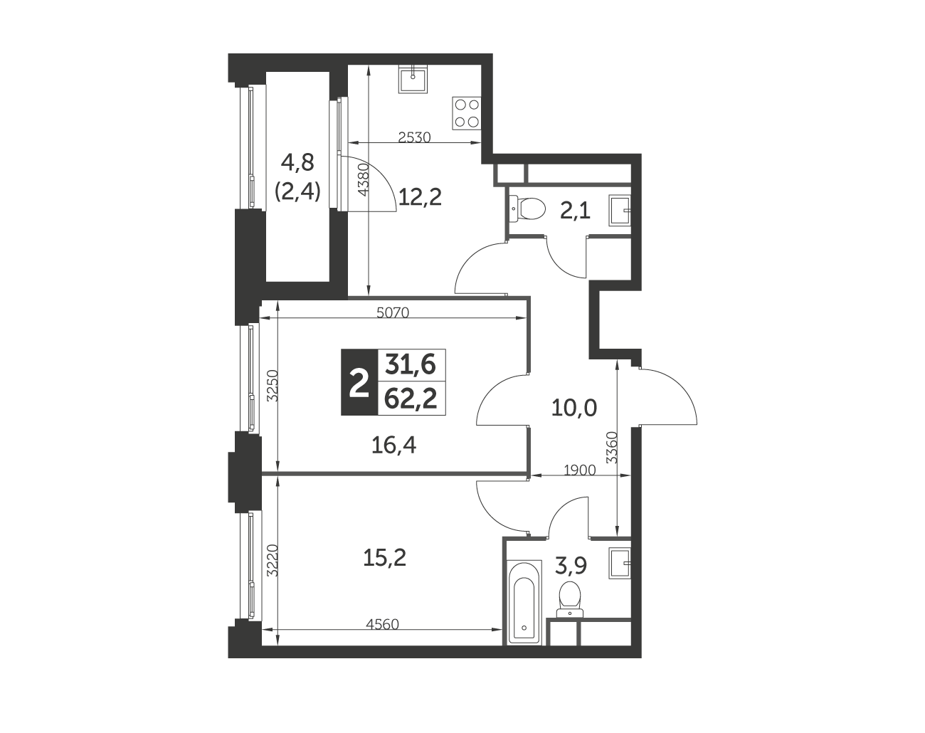 Планировка 2-комнатная, 62.2