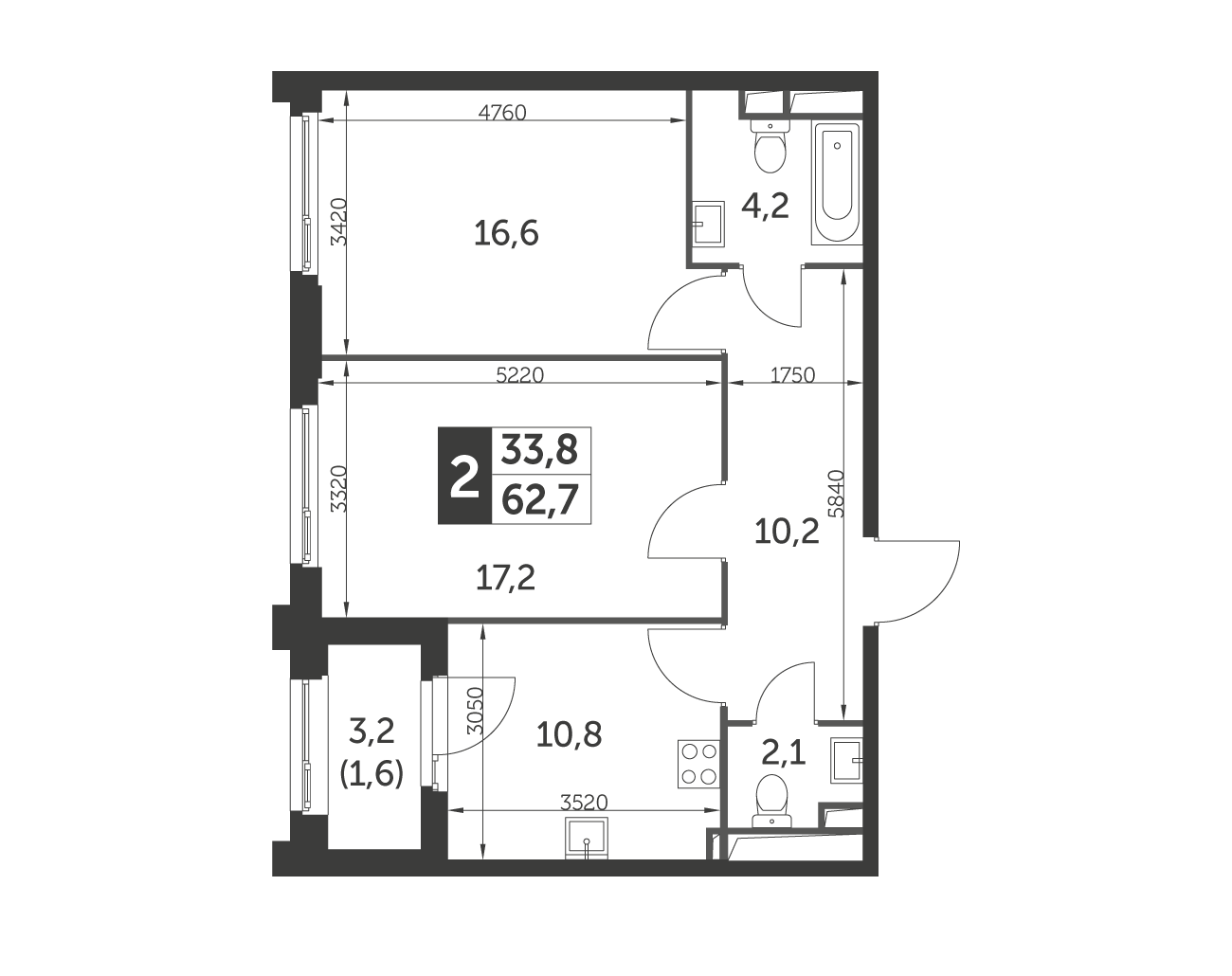 Планировка 2-комнатная, 62.7
