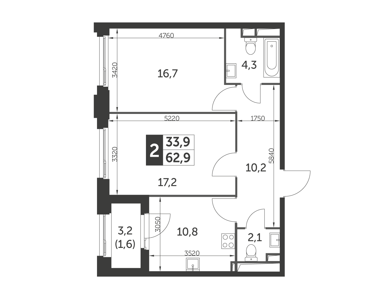 Планировка 2-комнатная, 62.9