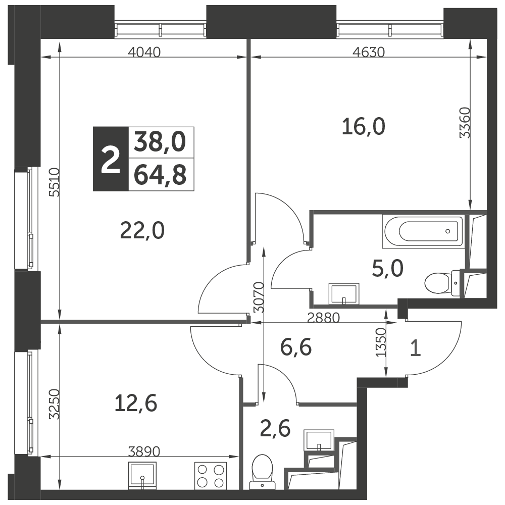 Планировка 2-комнатная, 64.8