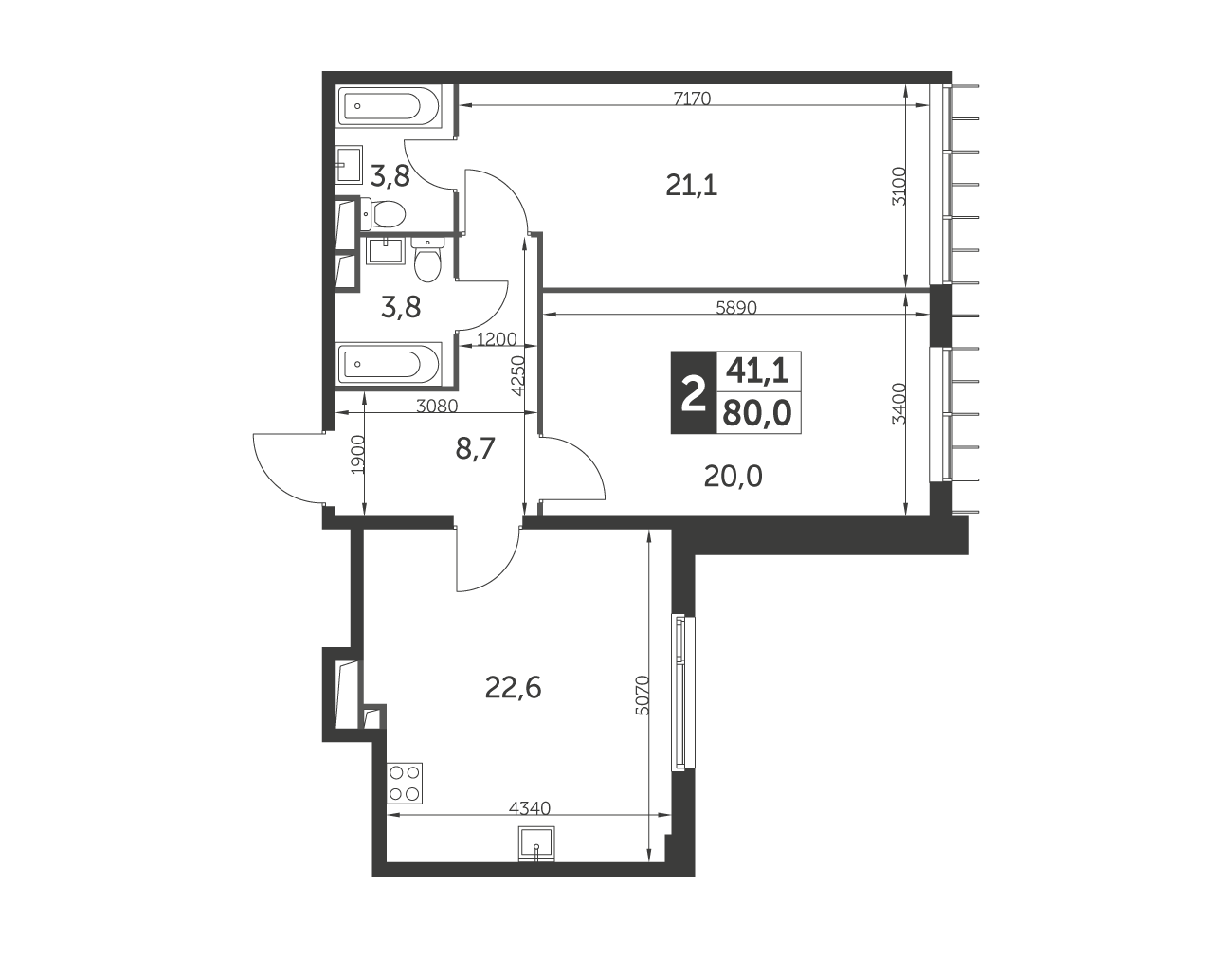 Планировка 2-комнатная, 80