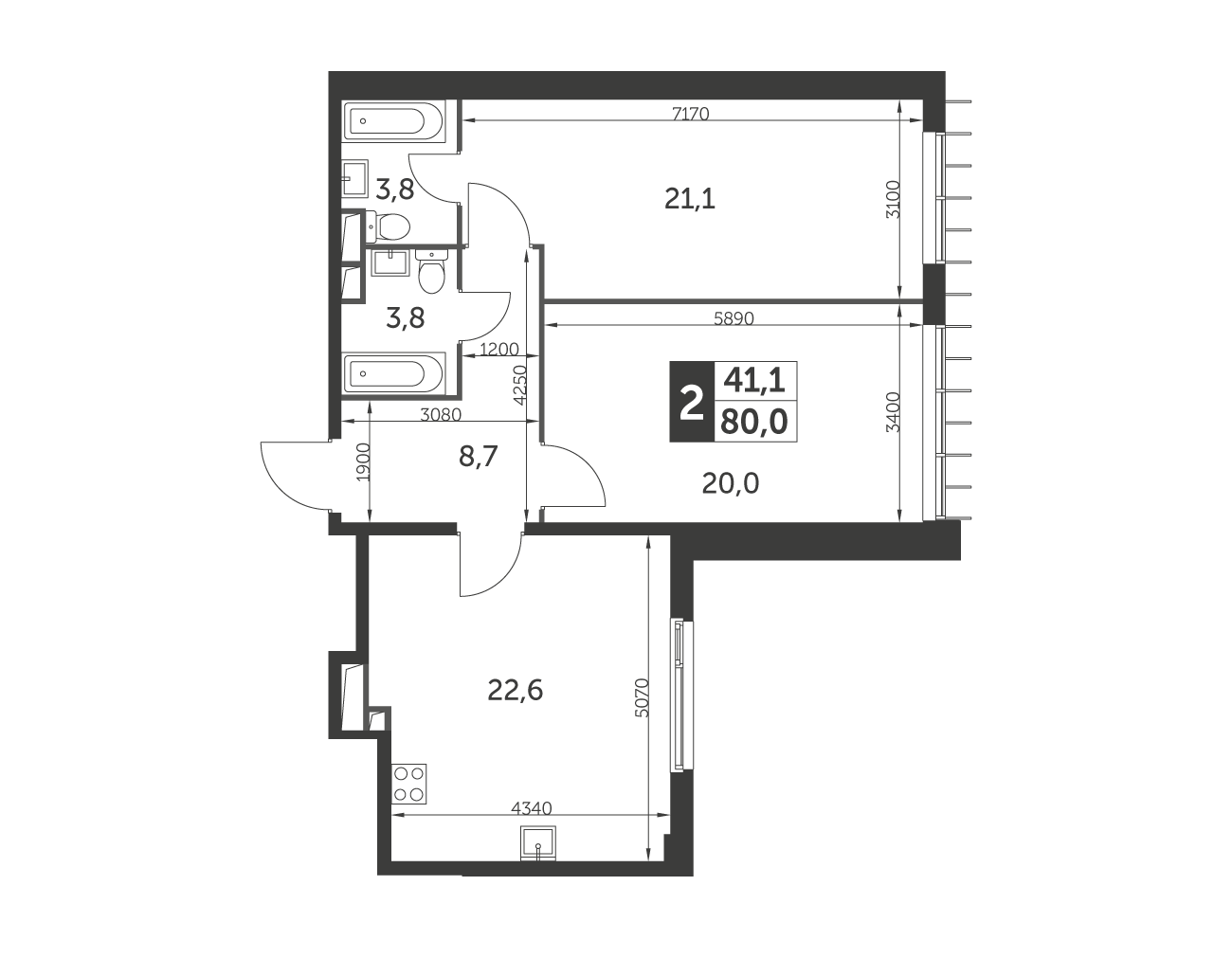Планировка 2-комнатная, 80