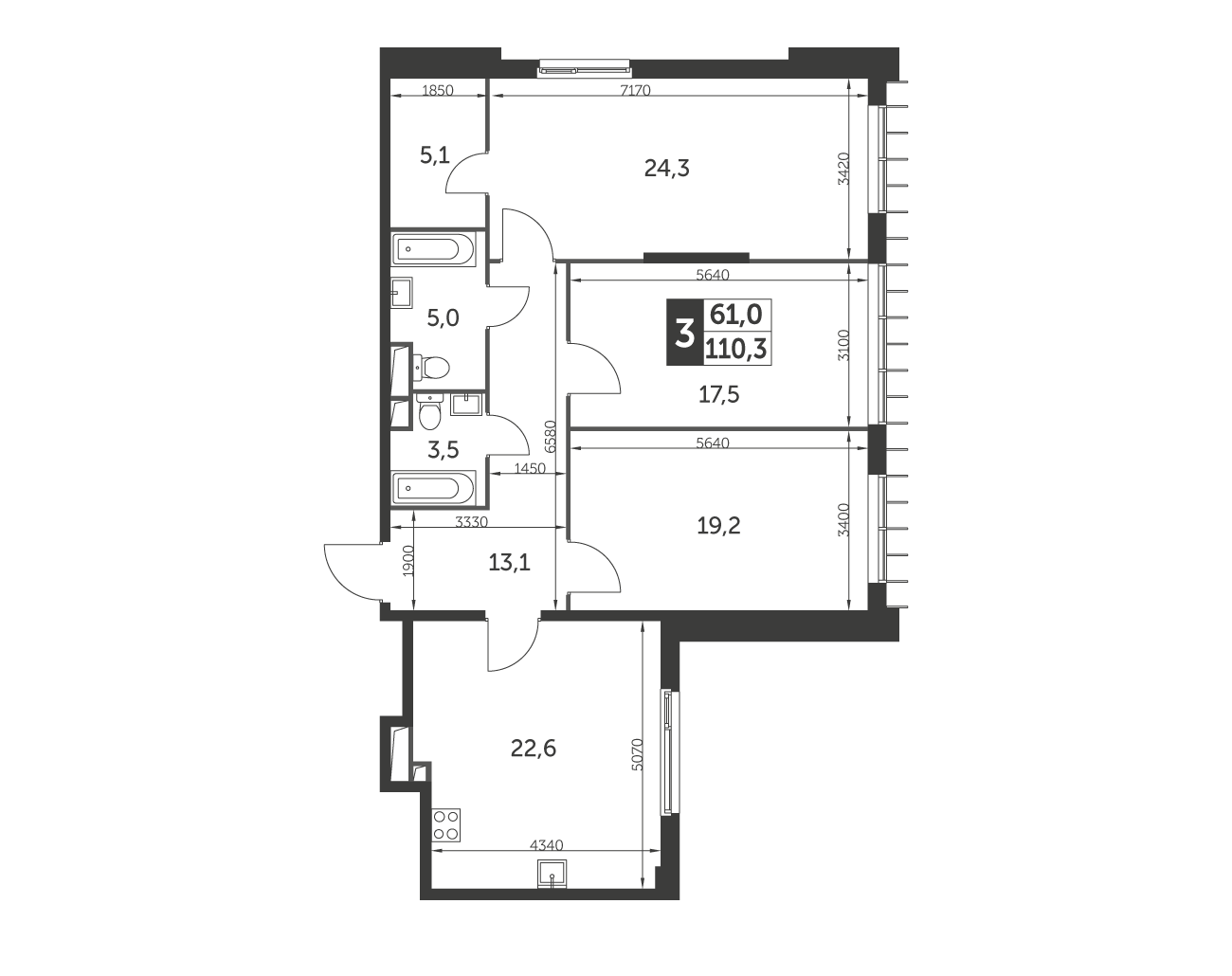 Планировка 3-комнатная, 110.3