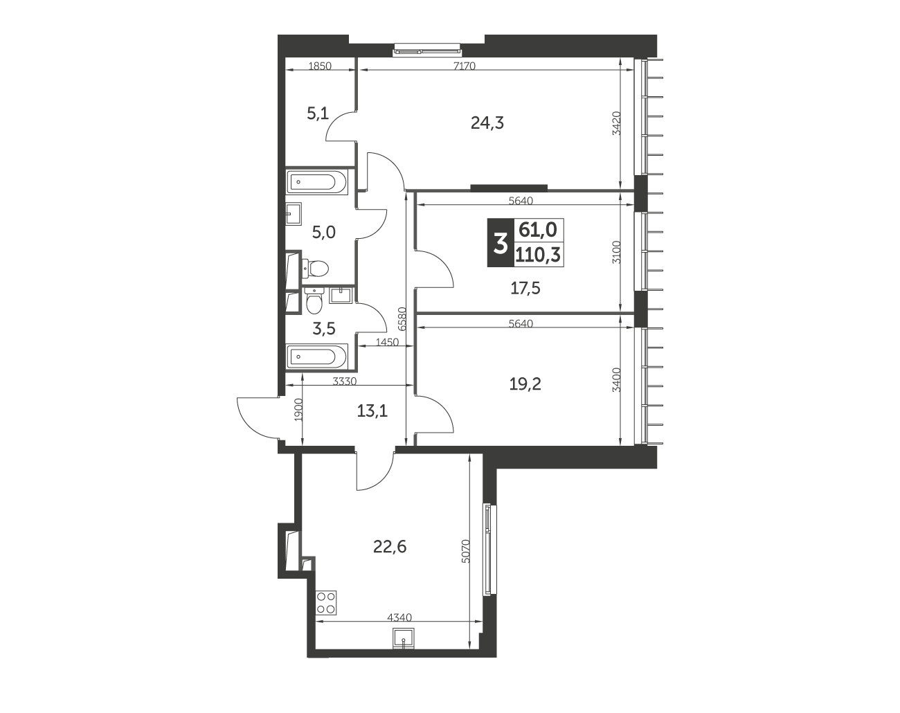 Планировка 3-комнатная, 110.3
