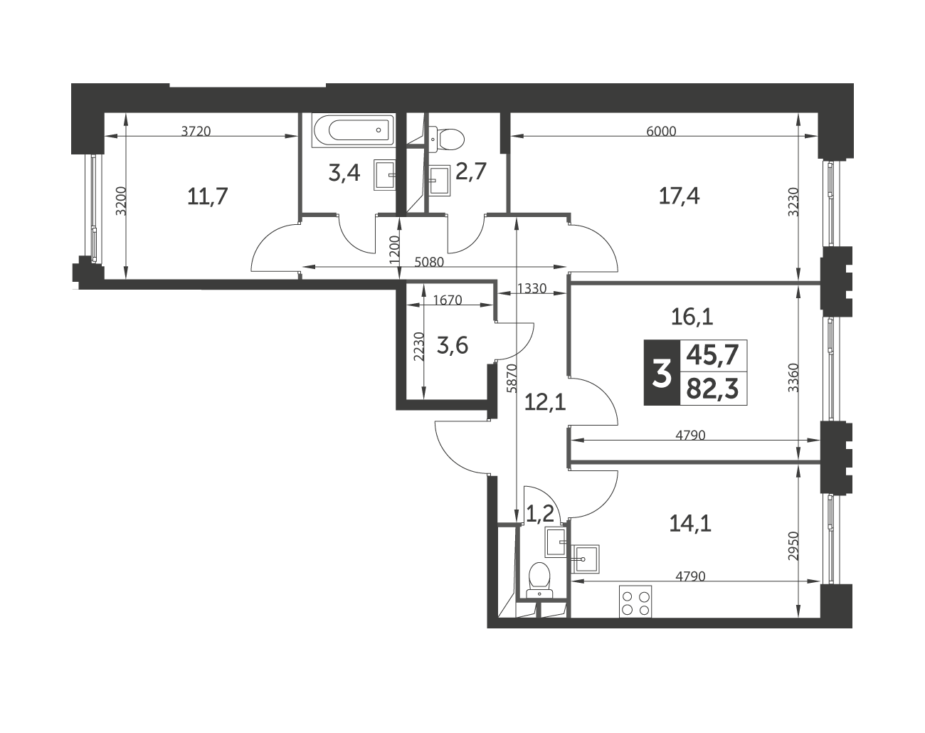 Планировка 3-комнатная, 82.3
