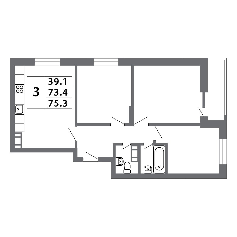 Планировка 3-комнатная, 74.96