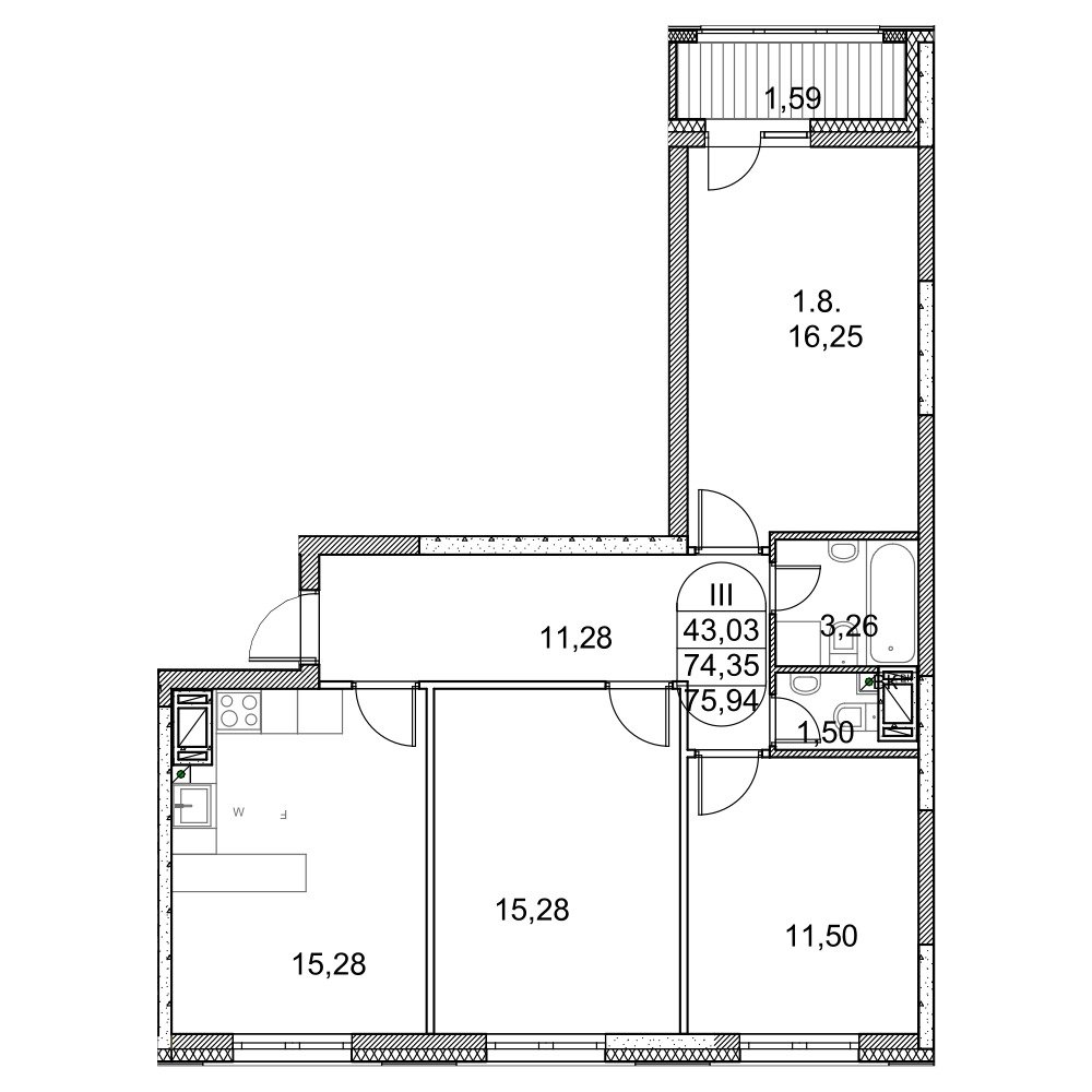 Планировка 3-комнатная, 75.94