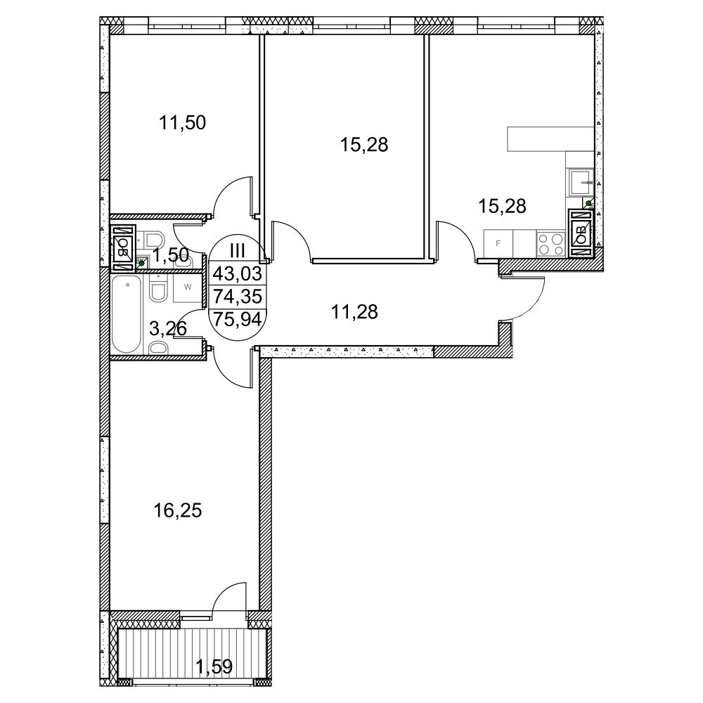 Планировка 3-комнатная, 75.94